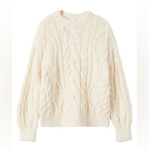 Mango Cream Cable Knit Sweater with Pearl Accents